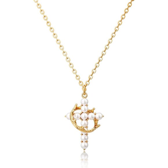 Diamond Crown Cross Necklace 14K Gold & Silver Plated Faith Gift for Women Chain - Picture 1 of 7